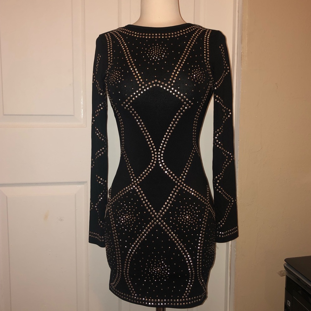 Studded long sleeve mini black dress